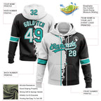 Custom Black White-Aqua Split Ripped Pattern Baseball Pullover Sweatshirt Hoodie