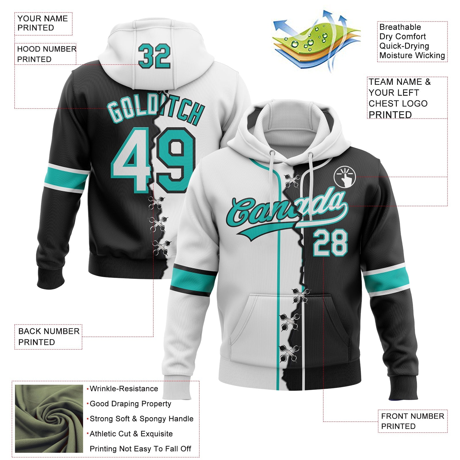 Custom Black White-Aqua Split Ripped Pattern Baseball Pullover Sweatshirt Hoodie