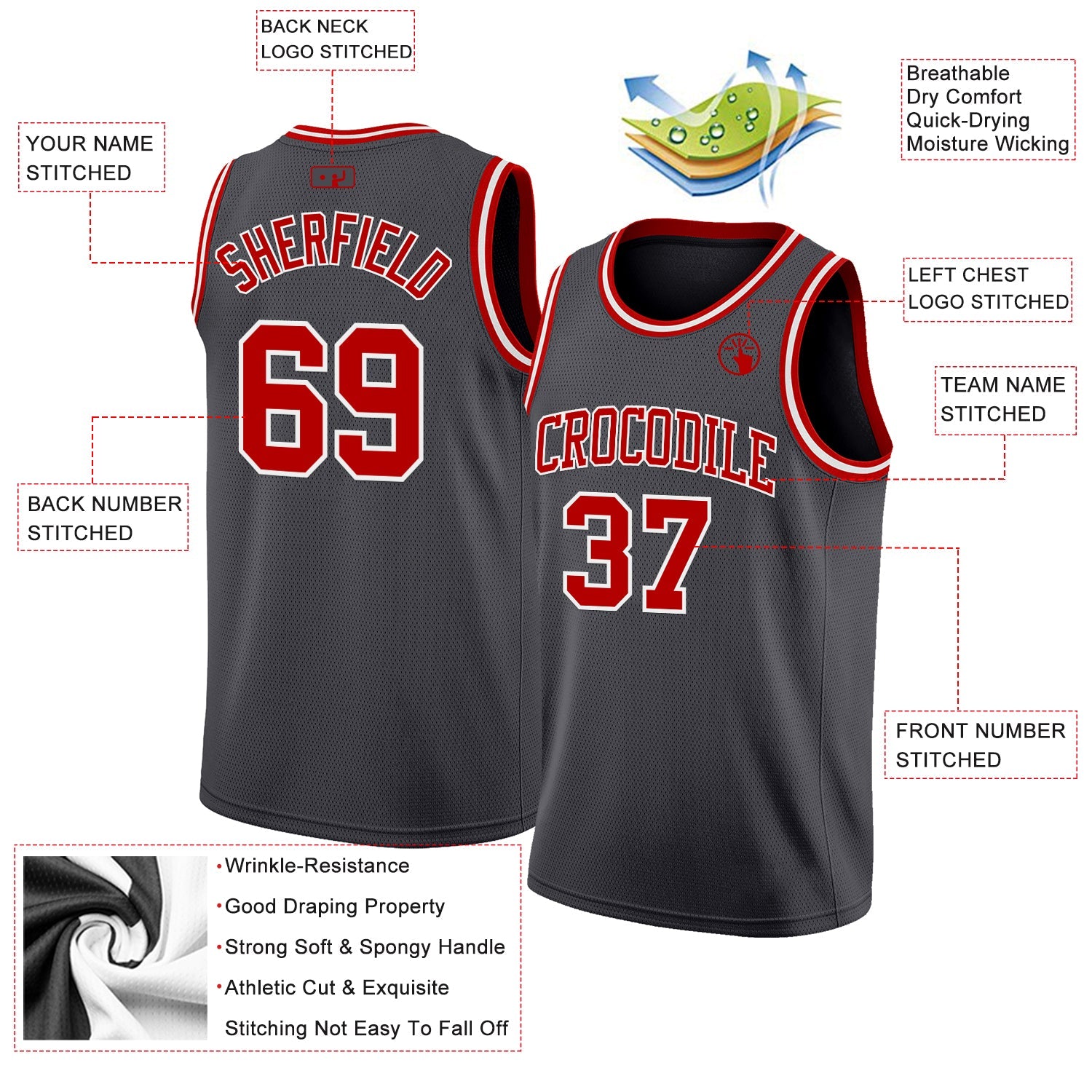Custom Steel Gray Red-White Authentic Basketball Jersey