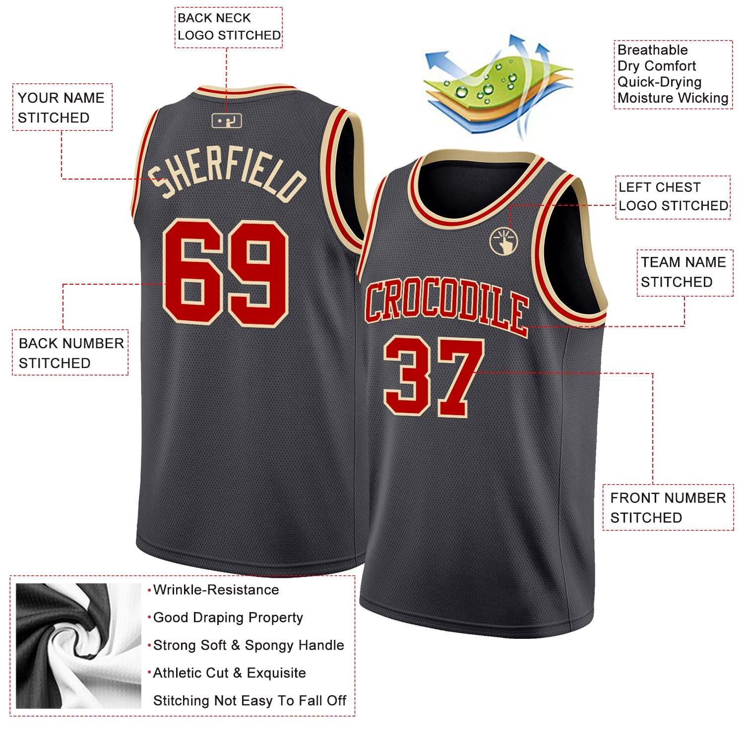 Custom Steel Gray Red-Cream Authentic Basketball Jersey