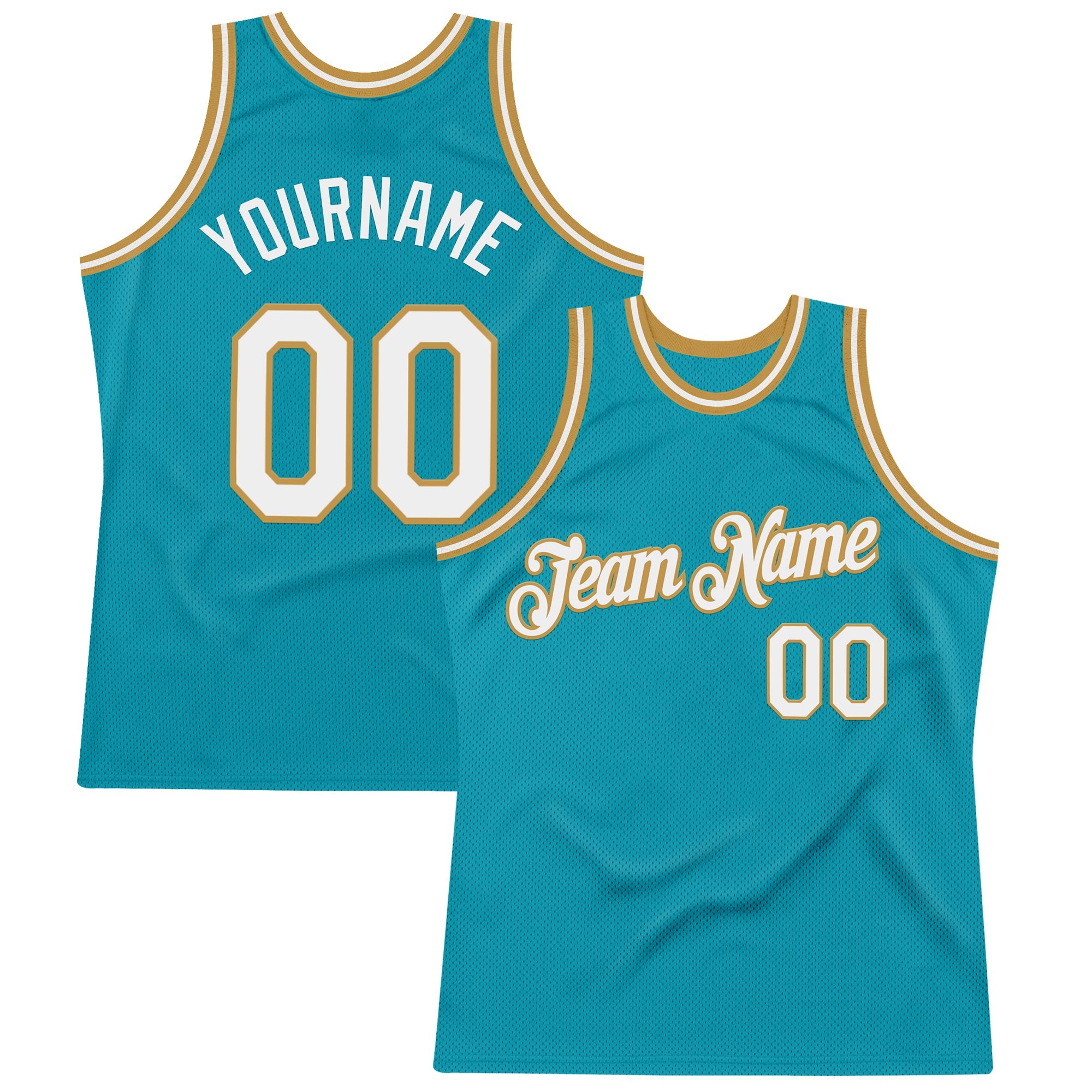 Custom Teal White-Old Gold Authentic Throwback Basketball Jersey