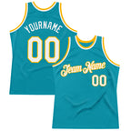 Custom Teal White-Gold Authentic Throwback Basketball Jersey