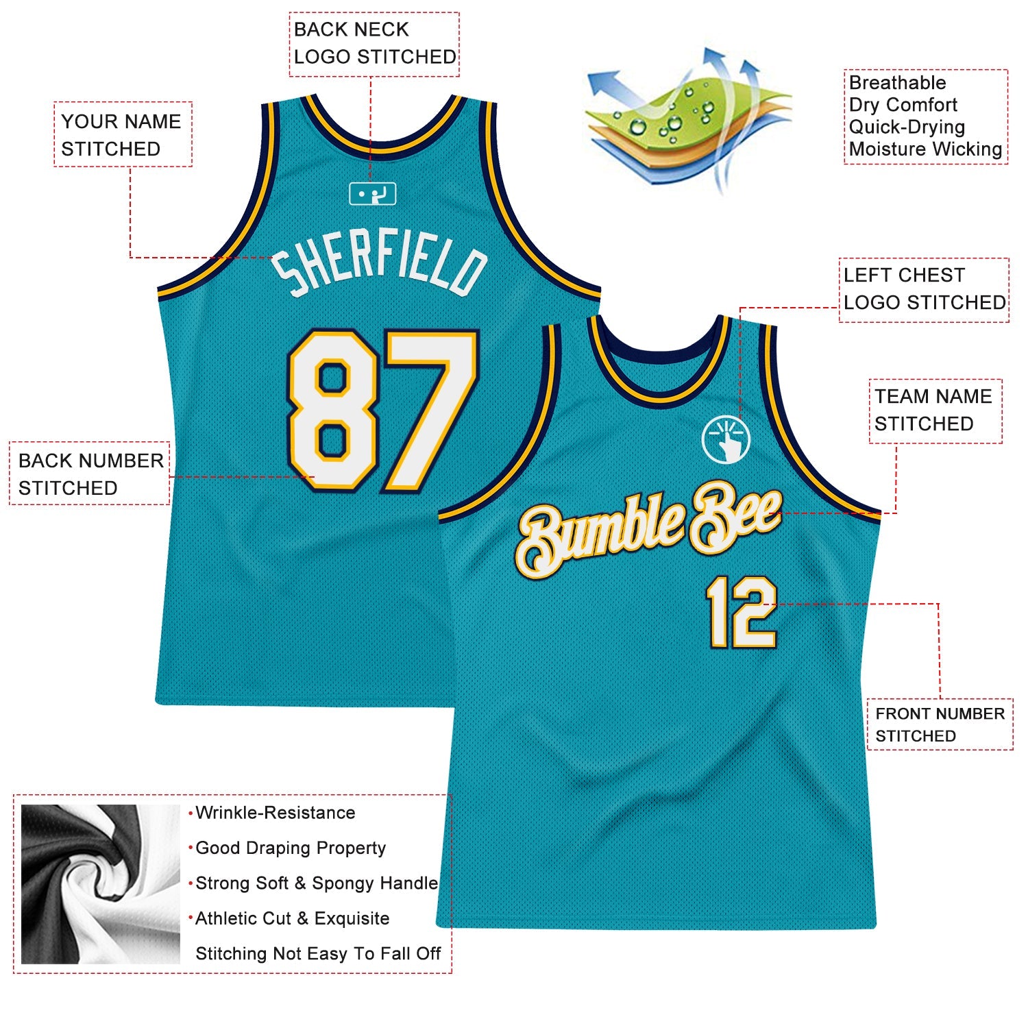 Custom Teal Gold-Navy Authentic Throwback Basketball Jersey