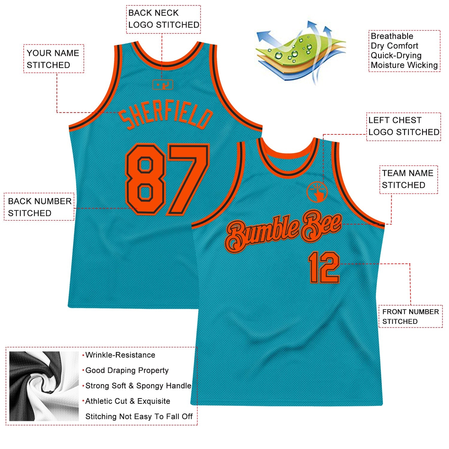 Custom Teal Orange-Black Authentic Throwback Basketball Jersey