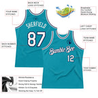 Custom Teal White-Navy Authentic Throwback Basketball Jersey