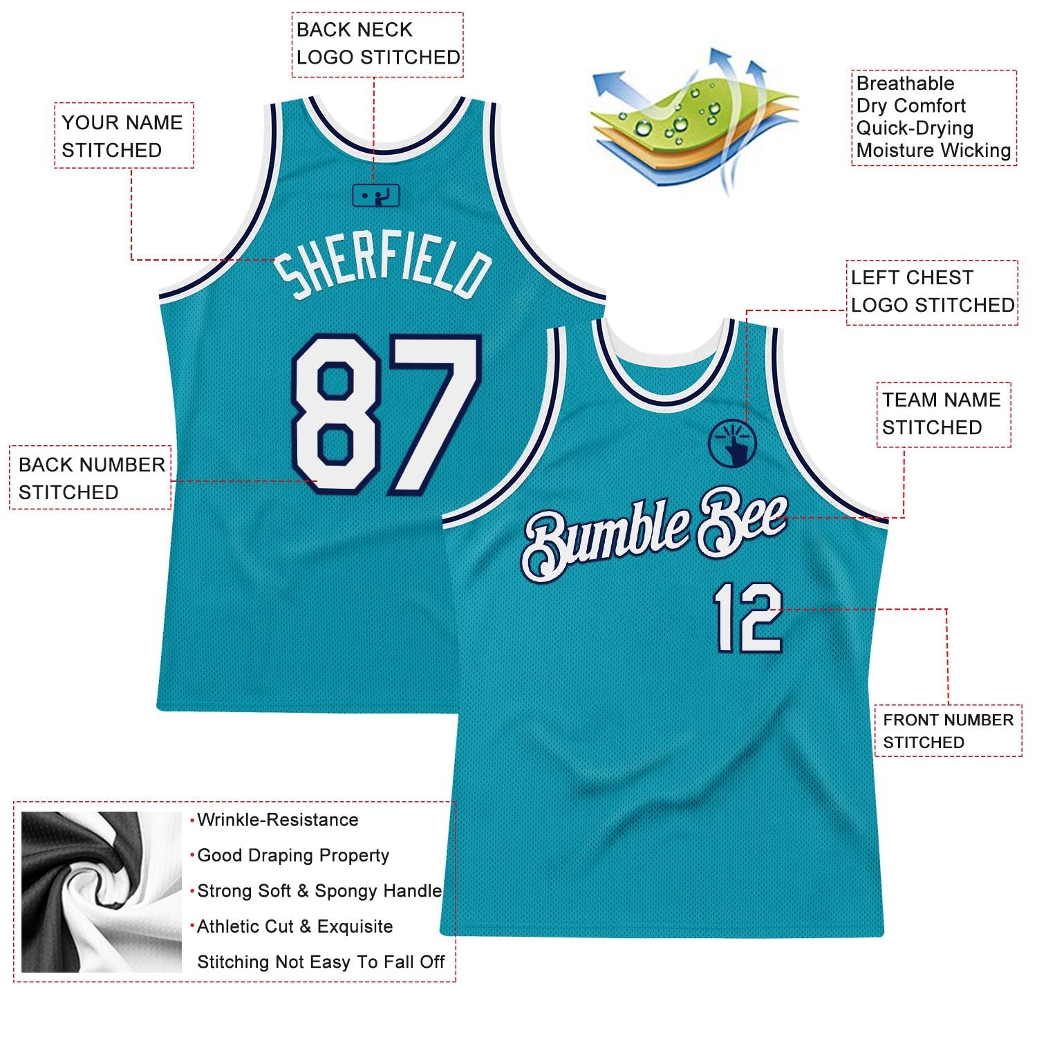Custom Teal White-Navy Authentic Throwback Basketball Jersey