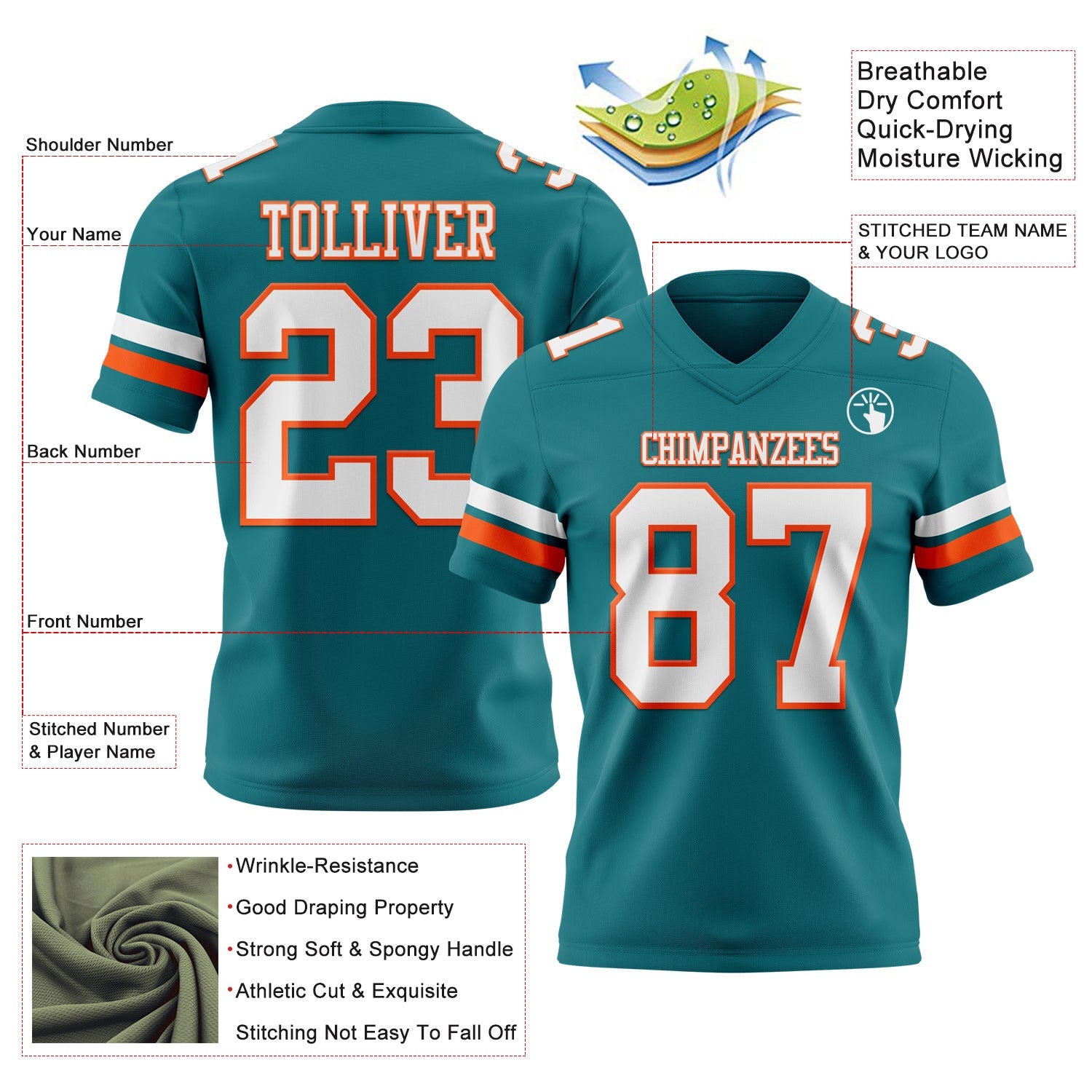 Custom Teal White-Orange Authentic Football Jersey