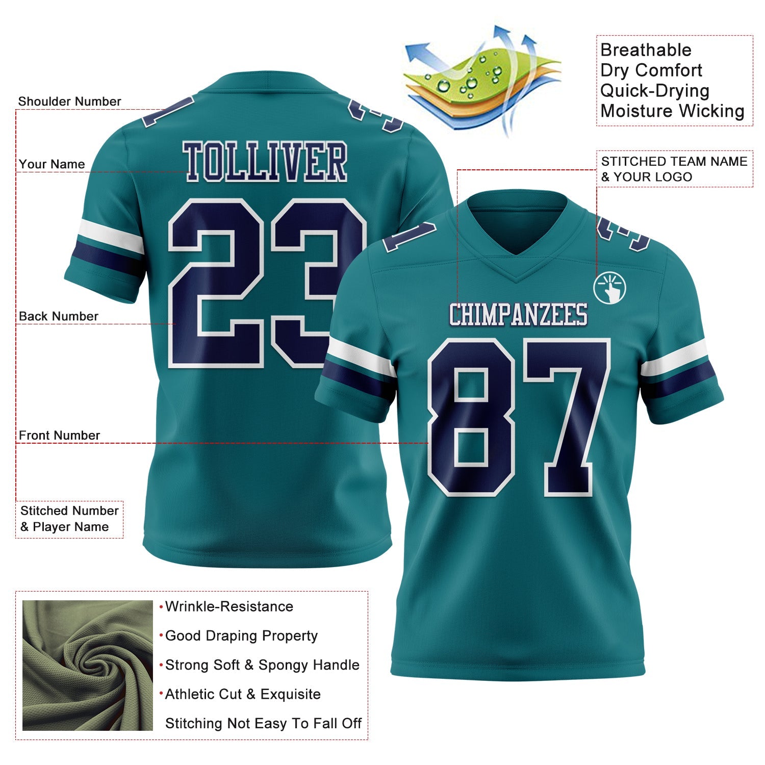 Custom Teal Navy-White Authentic Football Jersey