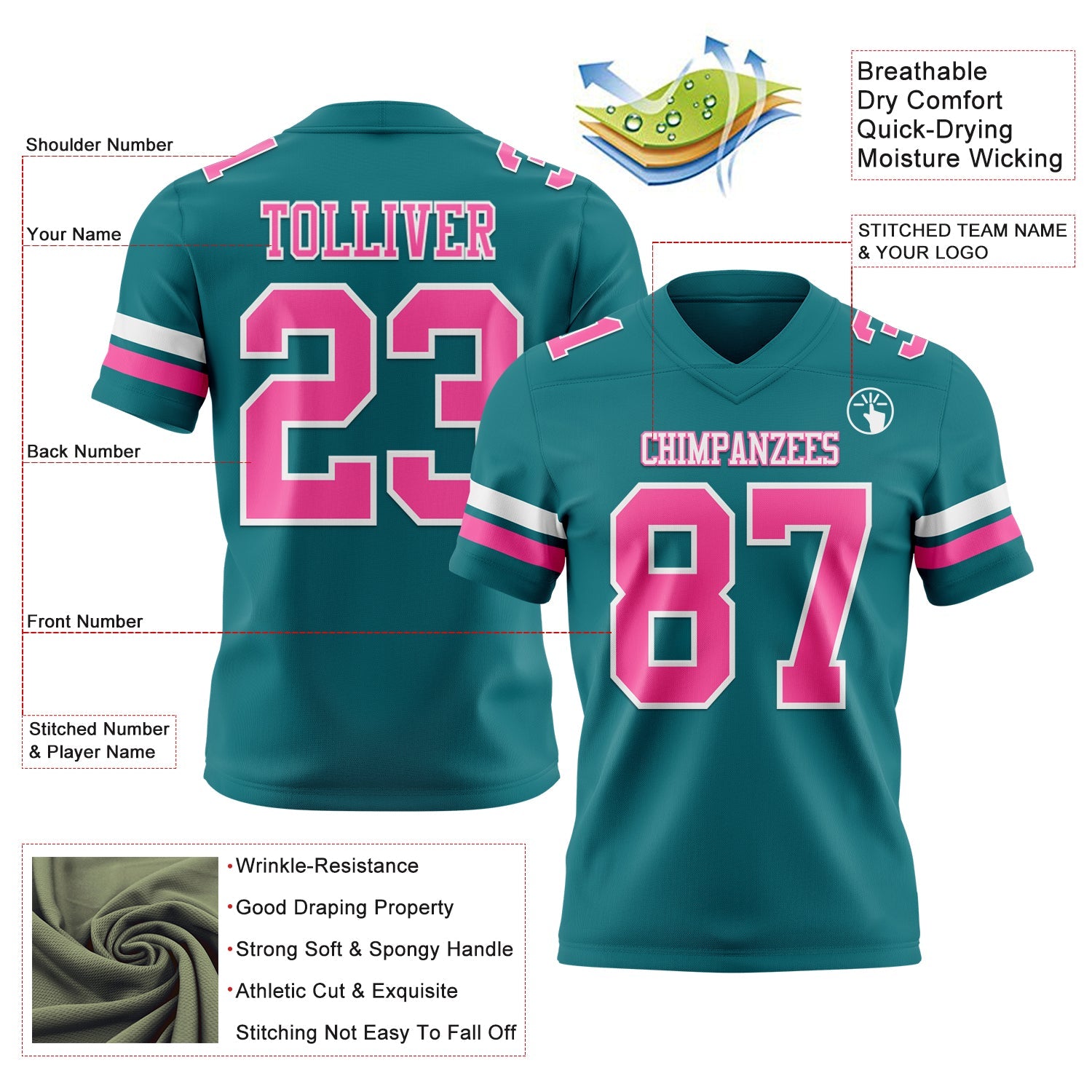 Custom Teal Pink-White Authentic Football Jersey