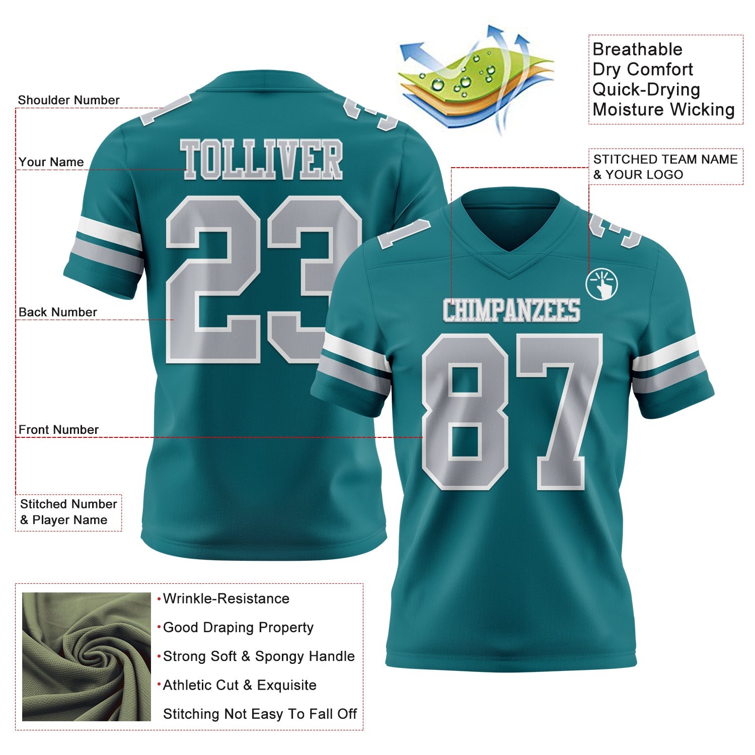 Custom Teal Gray-White Authentic Football Jersey