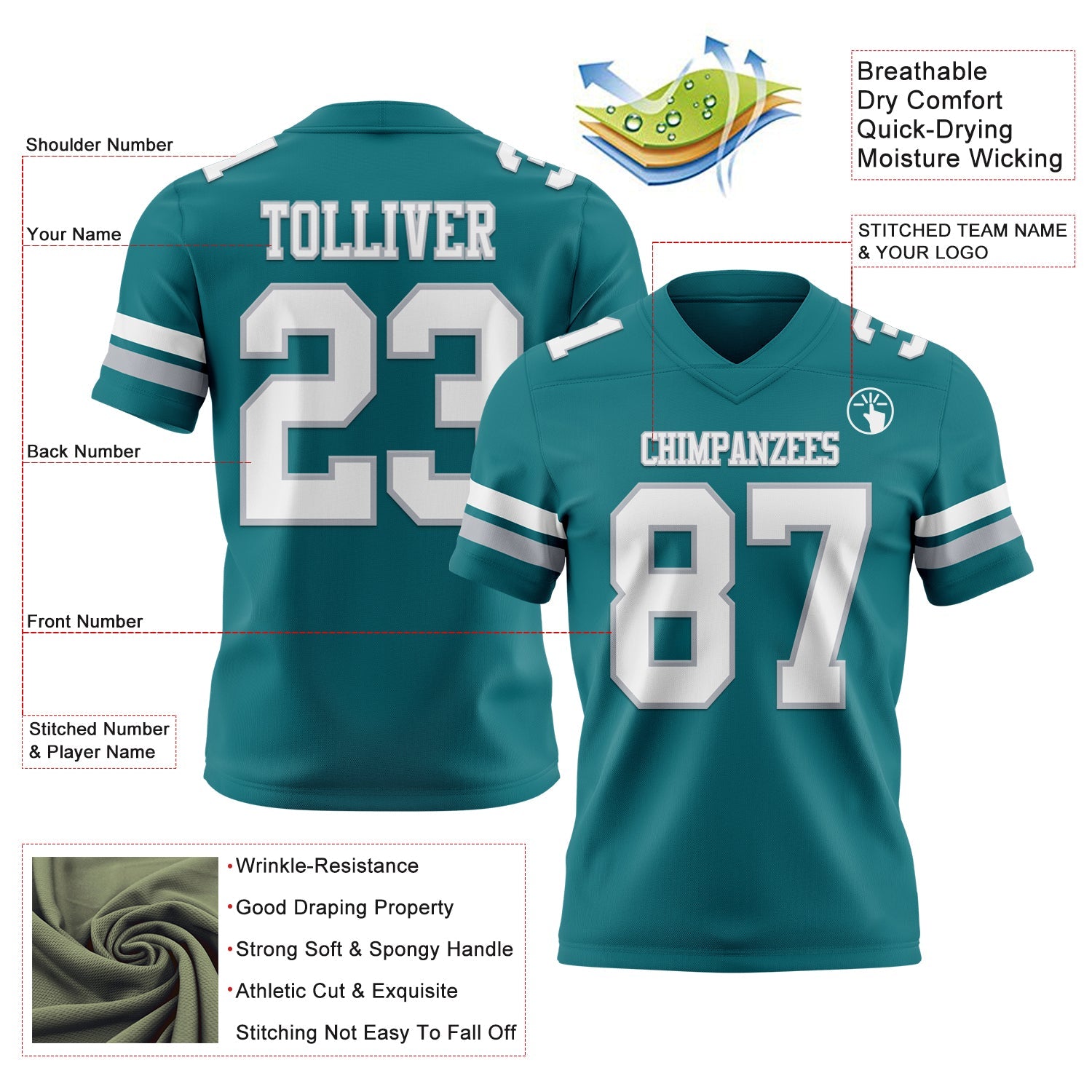 Custom Teal White-Gray Authentic Football Jersey