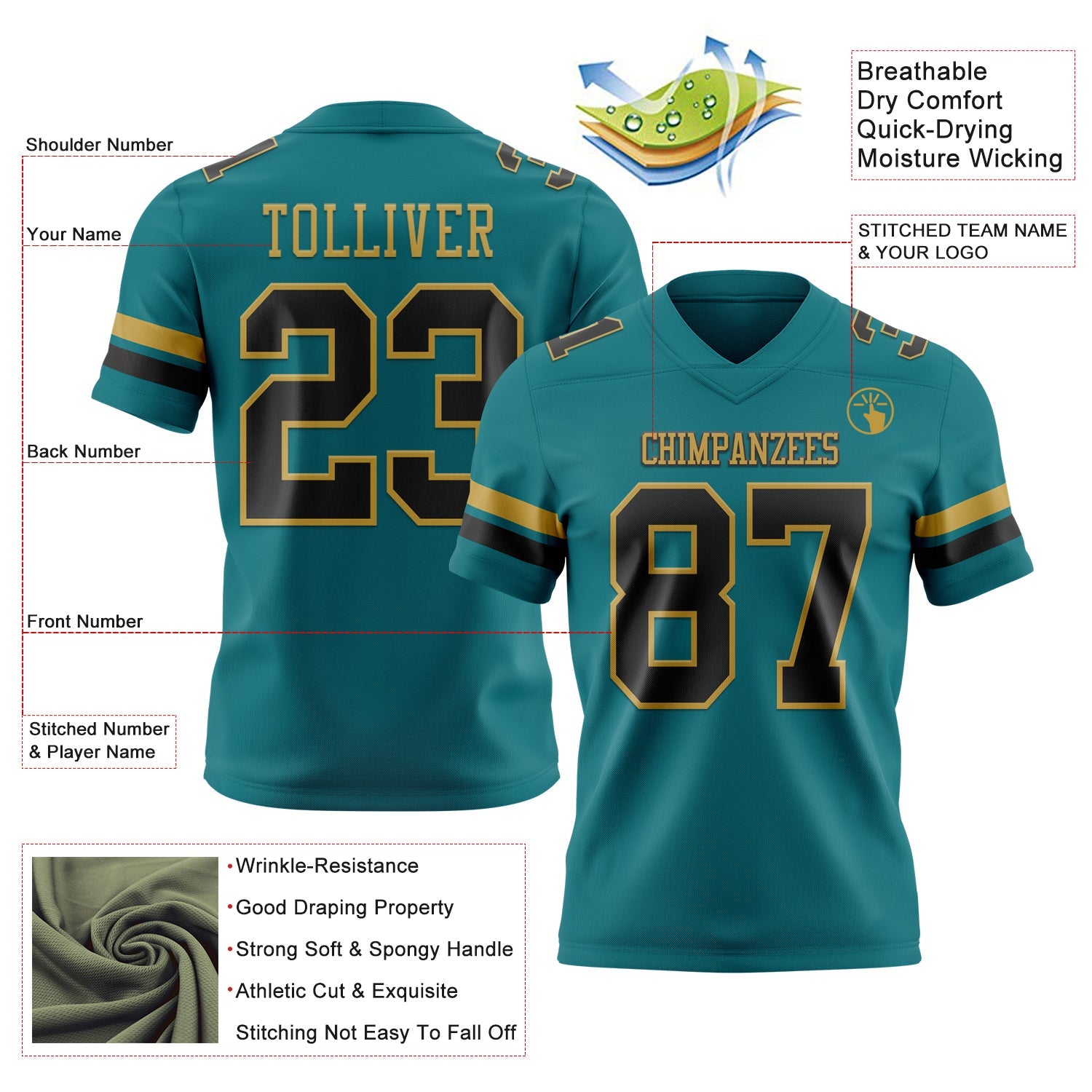 Custom Teal Black-Old Gold Authentic Football Jersey