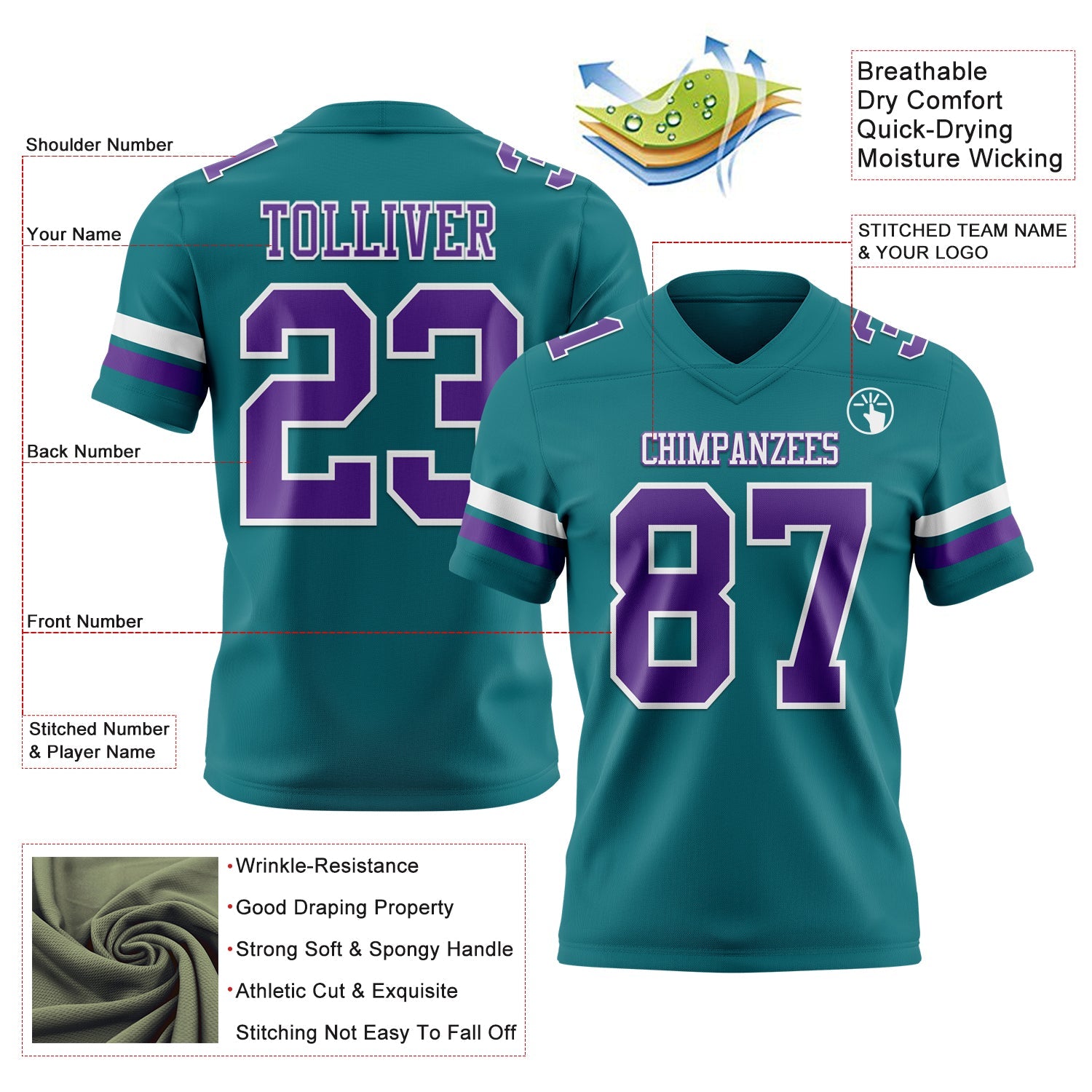 Custom Teal Purple-White Authentic Football Jersey