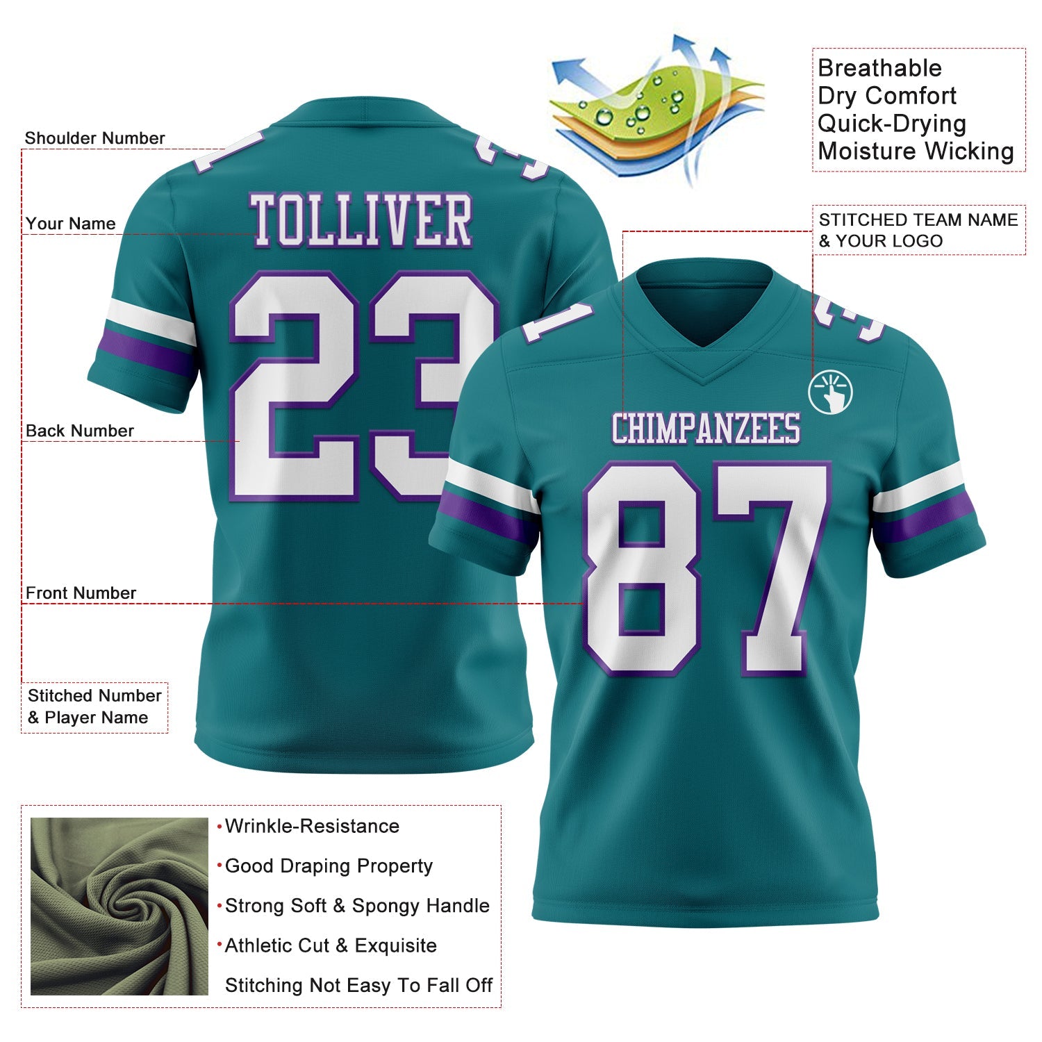Custom Teal White-Purple Authentic Football Jersey
