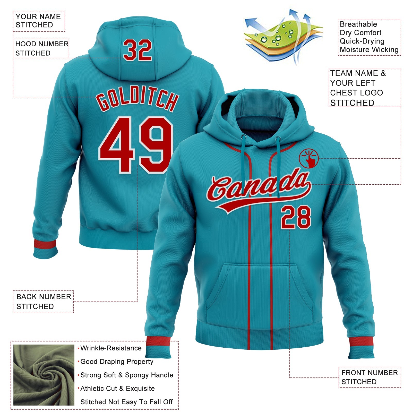 Custom Stitched Teal Red-White Baseball Pullover Sweatshirt Hoodie
