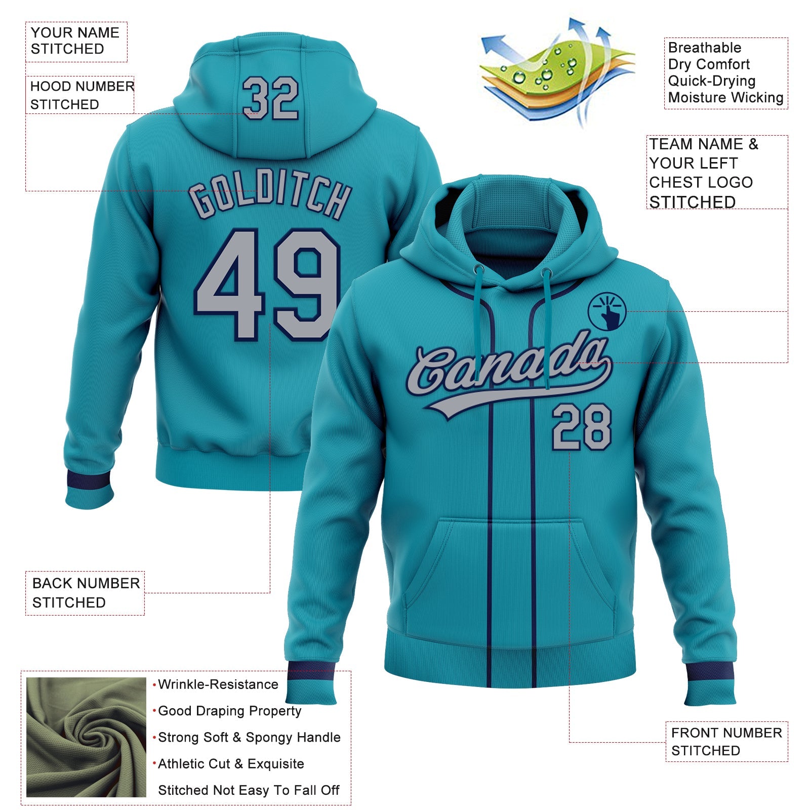 Custom Stitched Teal Gray-Navy Baseball Pullover Sweatshirt Hoodie