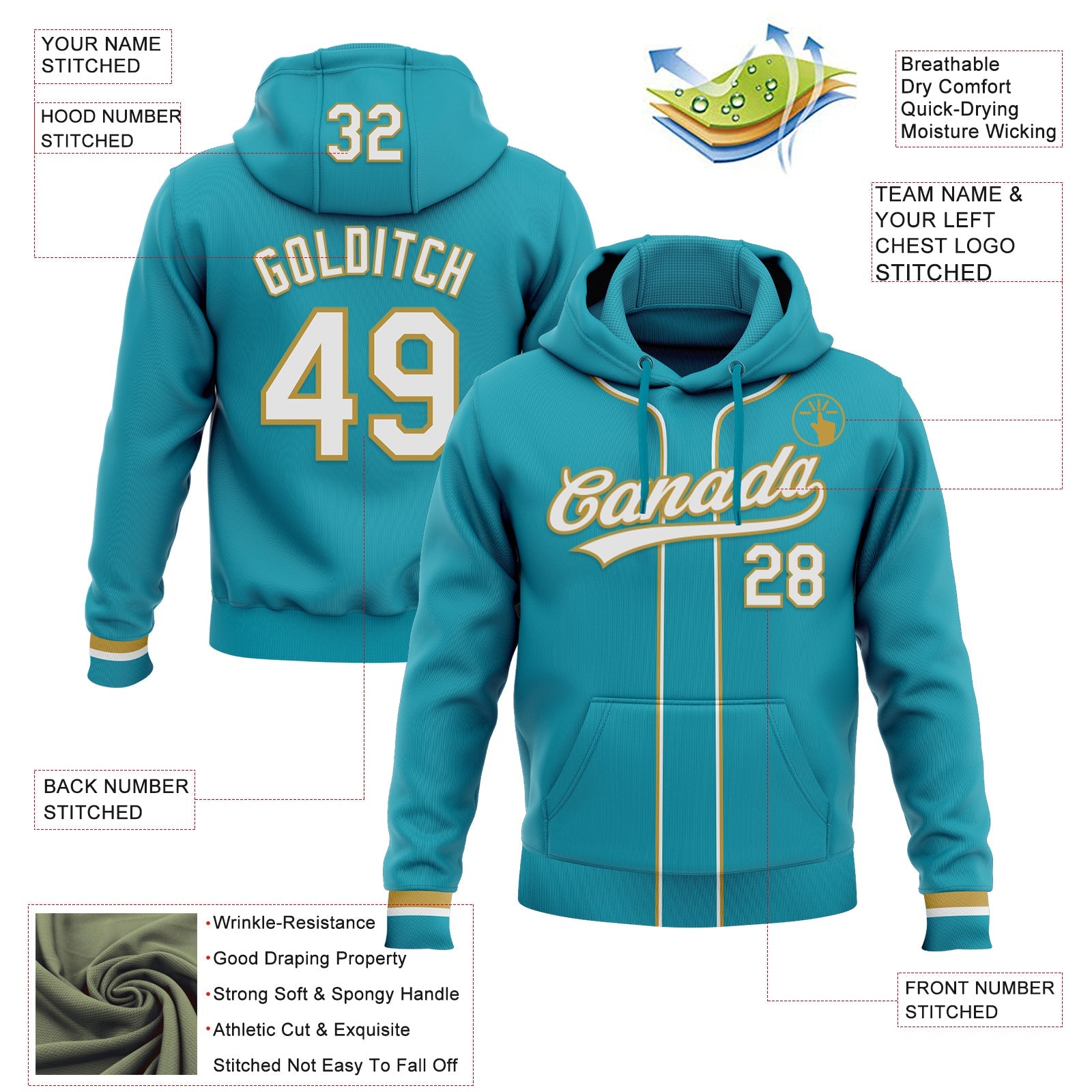 Custom Stitched Teal White-Old Gold Baseball Pullover Sweatshirt Hoodie