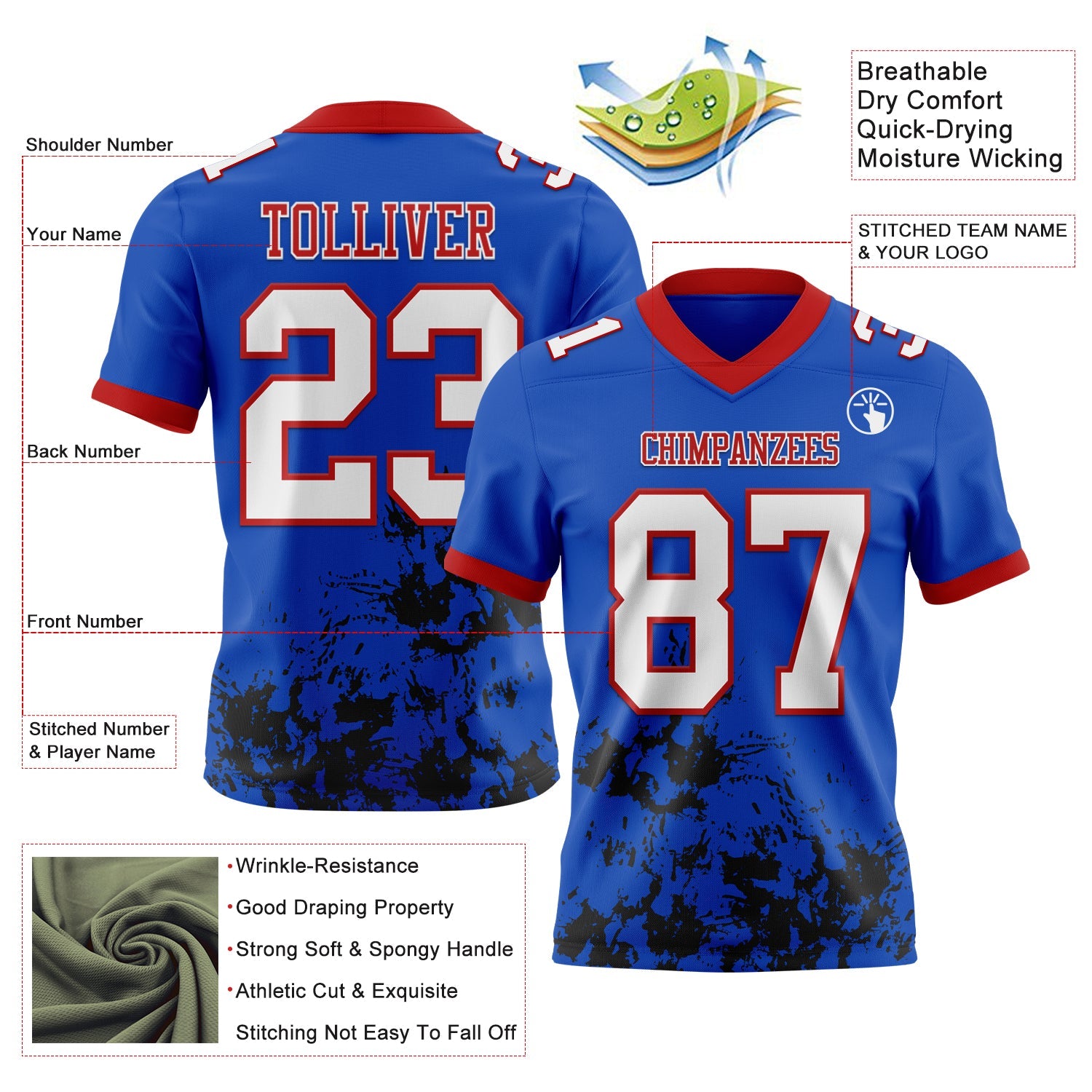 Custom Thunder Blue White Black-Red 3D Pattern Splash Authentic Football Jersey