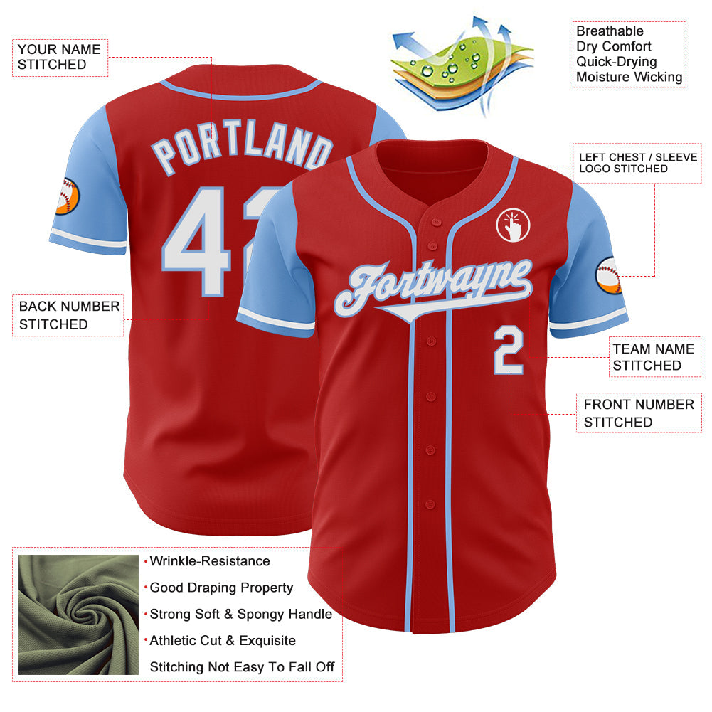 Custom Red White-Light Blue Authentic Two Tone Baseball Jersey