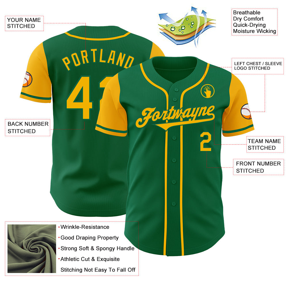 Custom Kelly Green Gold Authentic Two Tone Baseball Jersey