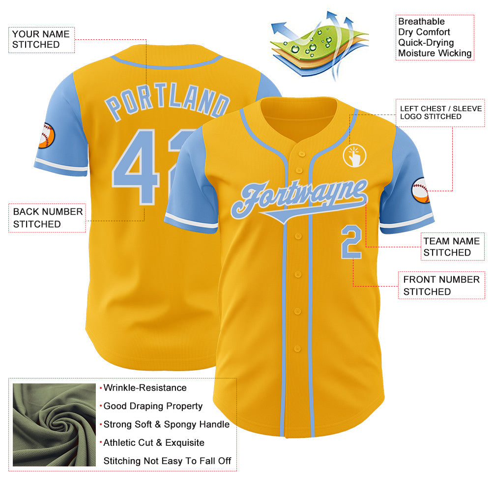 Custom Gold Light Blue-White Authentic Two Tone Baseball Jersey