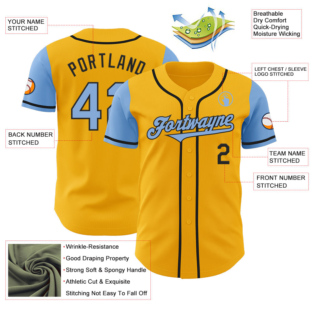 Custom Gold Light Blue-Black Authentic Two Tone Baseball Jersey