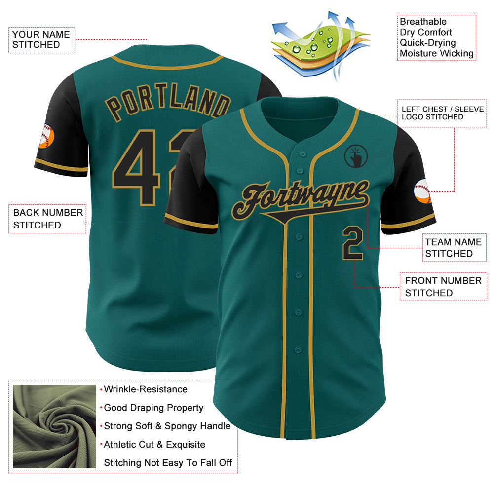Custom Teal Black-Old Gold Authentic Two Tone Baseball Jersey