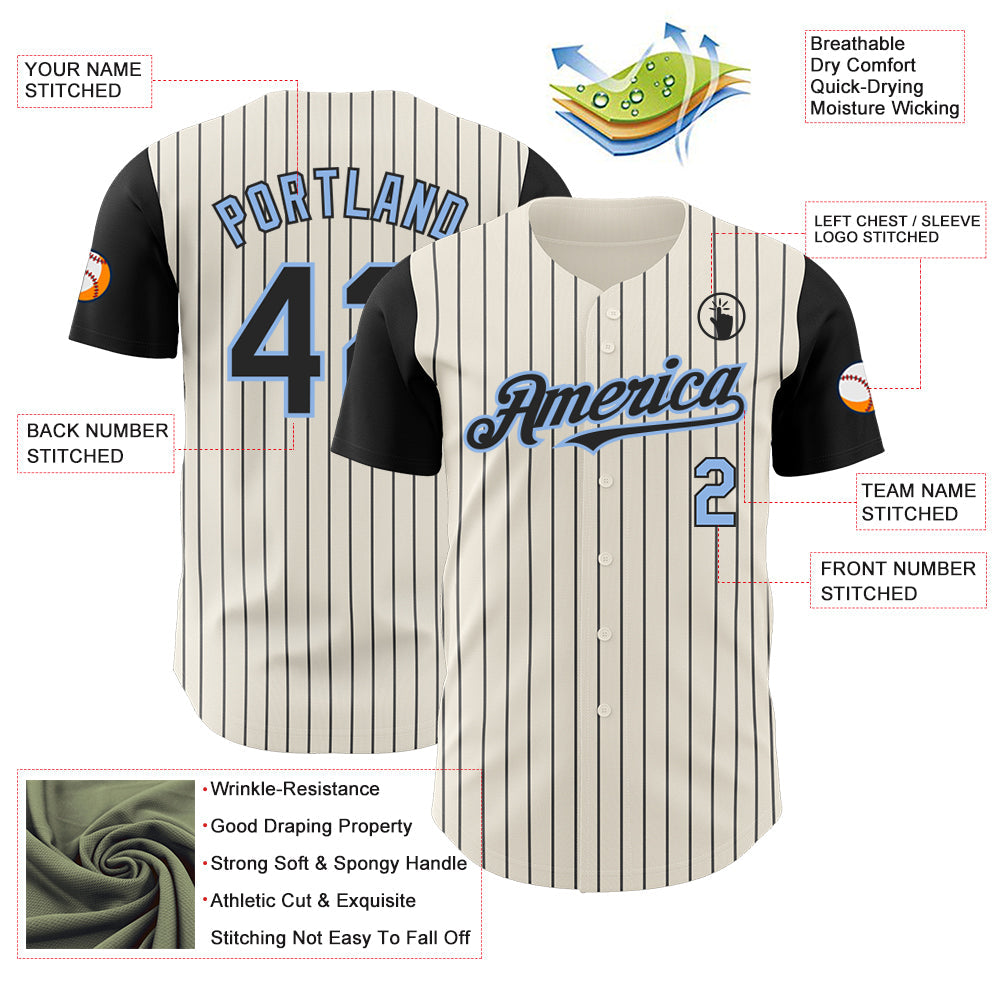 Custom Cream Black Pinstripe Light Blue Authentic Two Tone Baseball Jersey