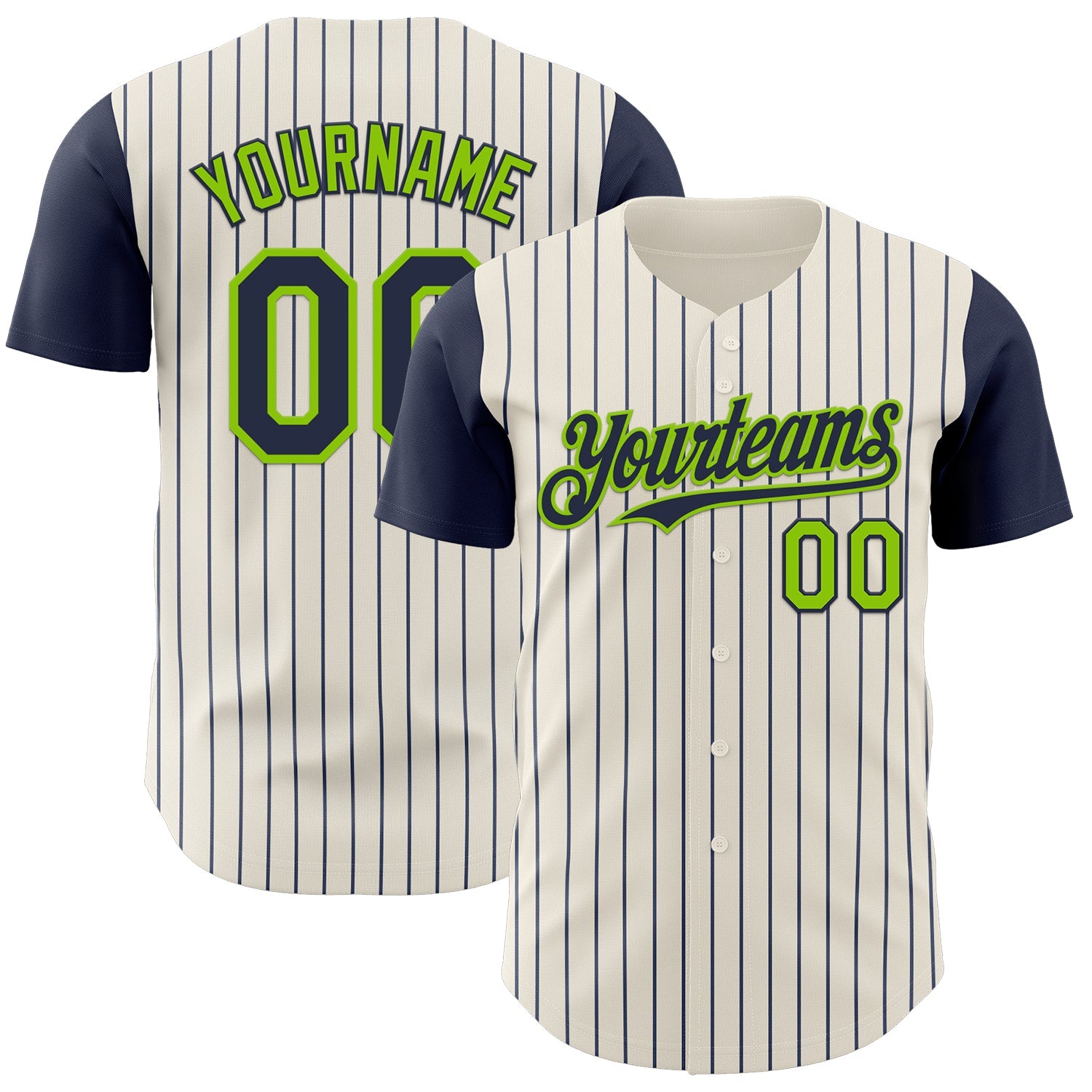 Custom Cream Navy Pinstripe Neon Green Authentic Two Tone Baseball Jersey
