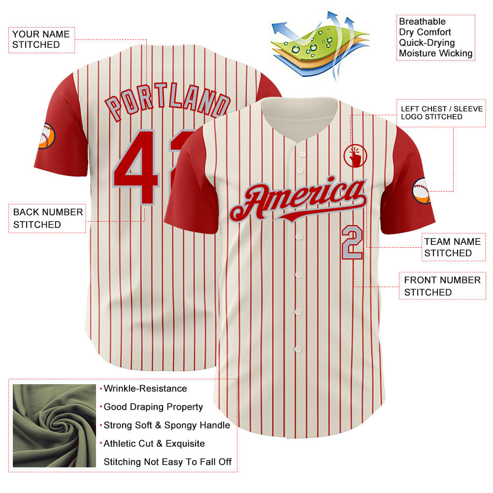 Custom Cream Red Pinstripe Gray Authentic Two Tone Baseball Jersey
