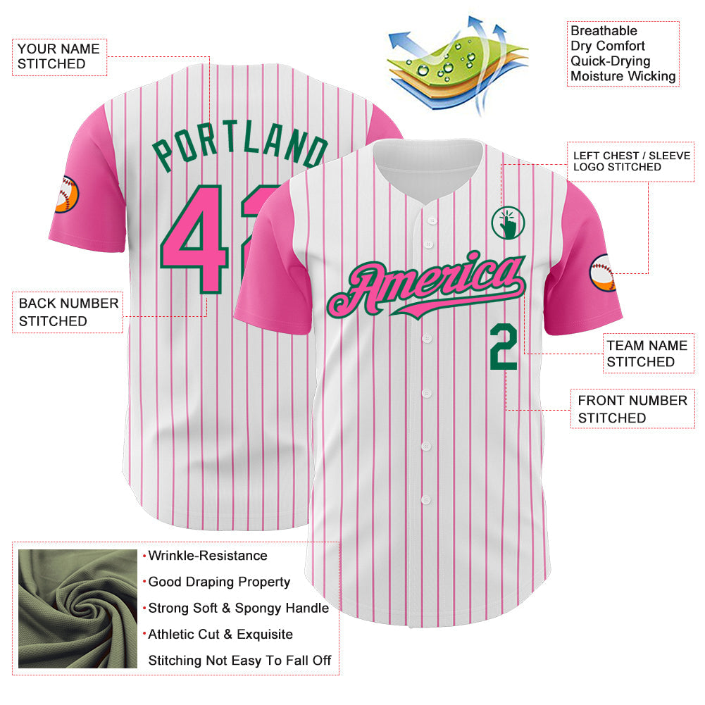 Custom White Pink Pinstripe Kelly Green Authentic Two Tone Baseball Jersey