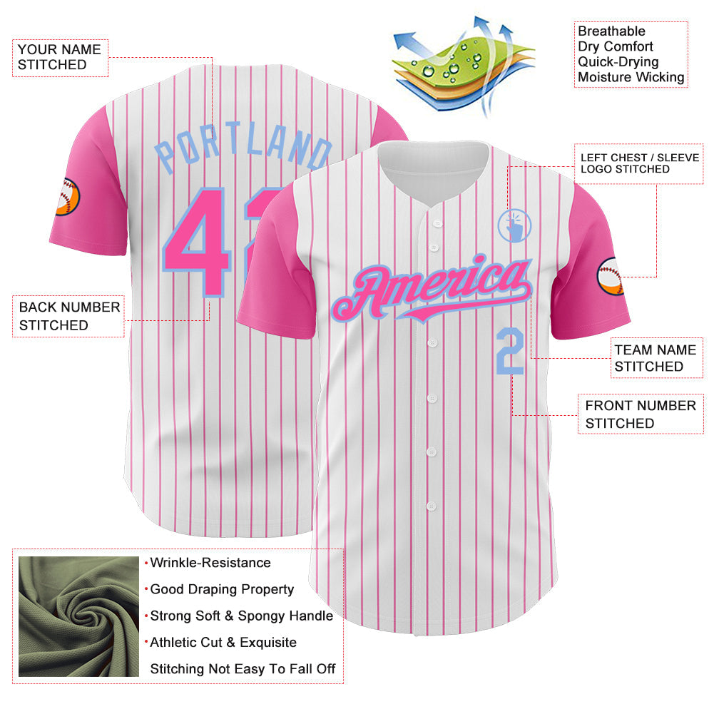 Custom White Pink Pinstripe Light Blue Authentic Two Tone Baseball Jersey