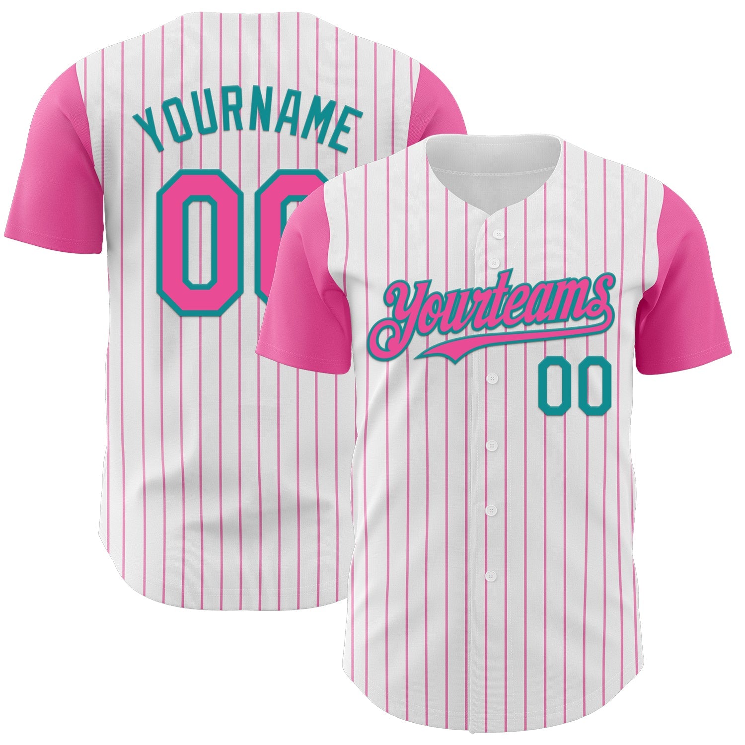 Custom White Pink Pinstripe Teal Authentic Two Tone Baseball Jersey
