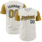Custom White Old Gold Pinstripe Black Authentic Two Tone Baseball Jersey