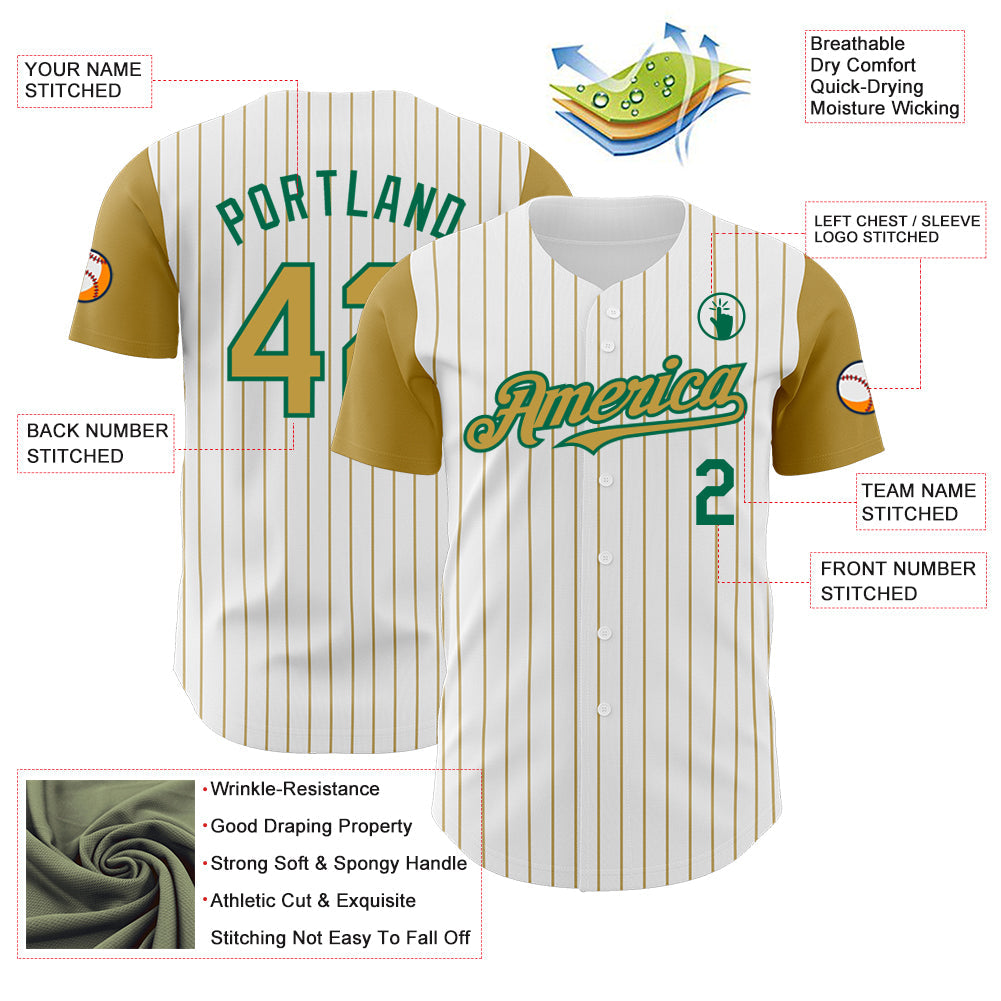Custom White Old Gold Pinstripe Kelly Green Authentic Two Tone Baseball Jersey