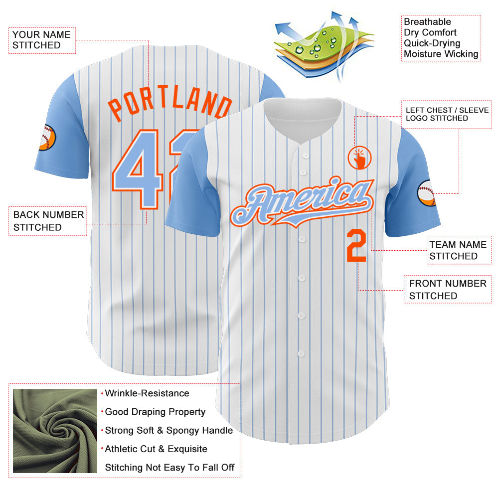 Custom White Light Blue Pinstripe Orange Authentic Two Tone Baseball Jersey