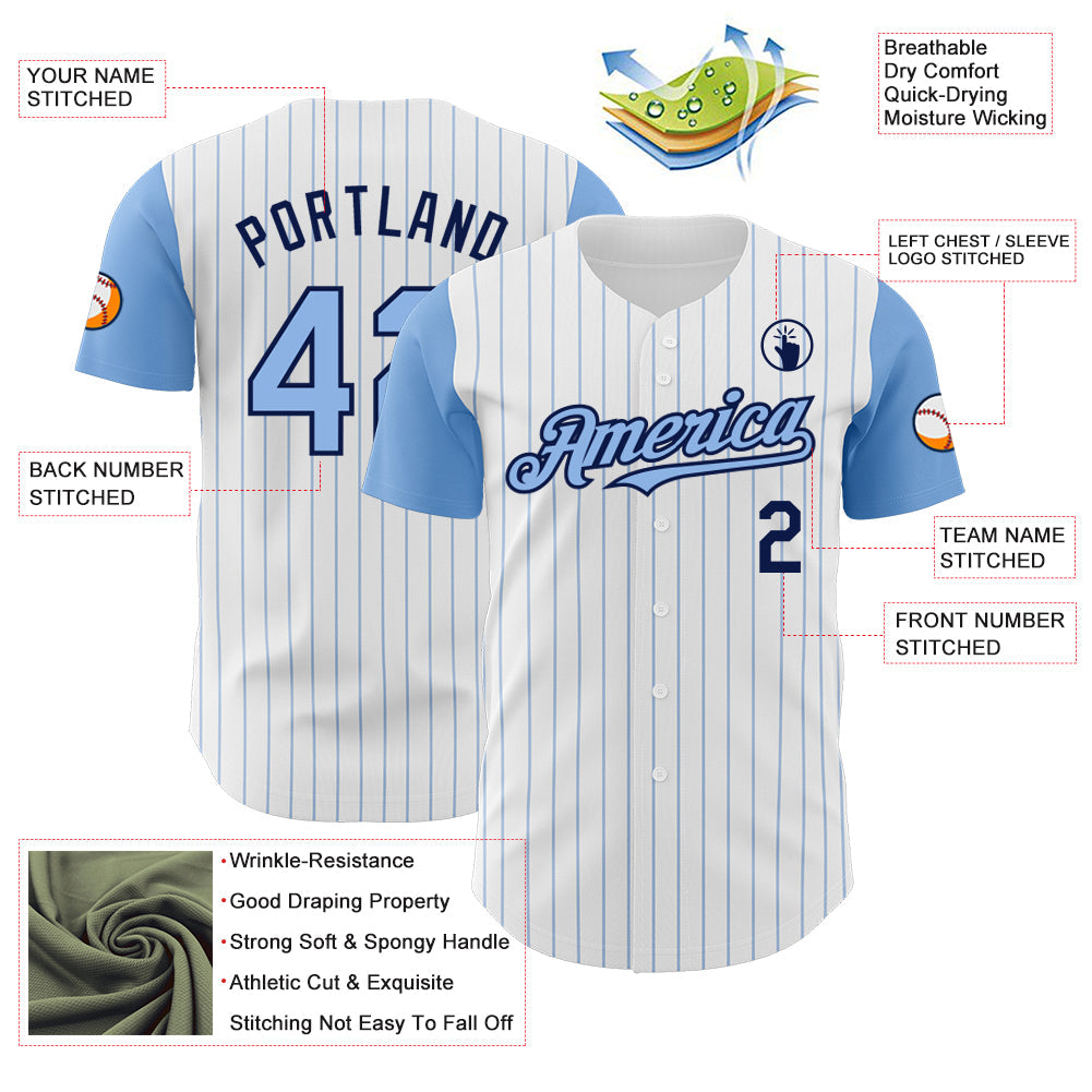 Custom White Light Blue Pinstripe Black Authentic Two Tone Baseball Jersey