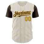 Custom Cream Brown Pinstripe Gold Authentic Two Tone Baseball Jersey