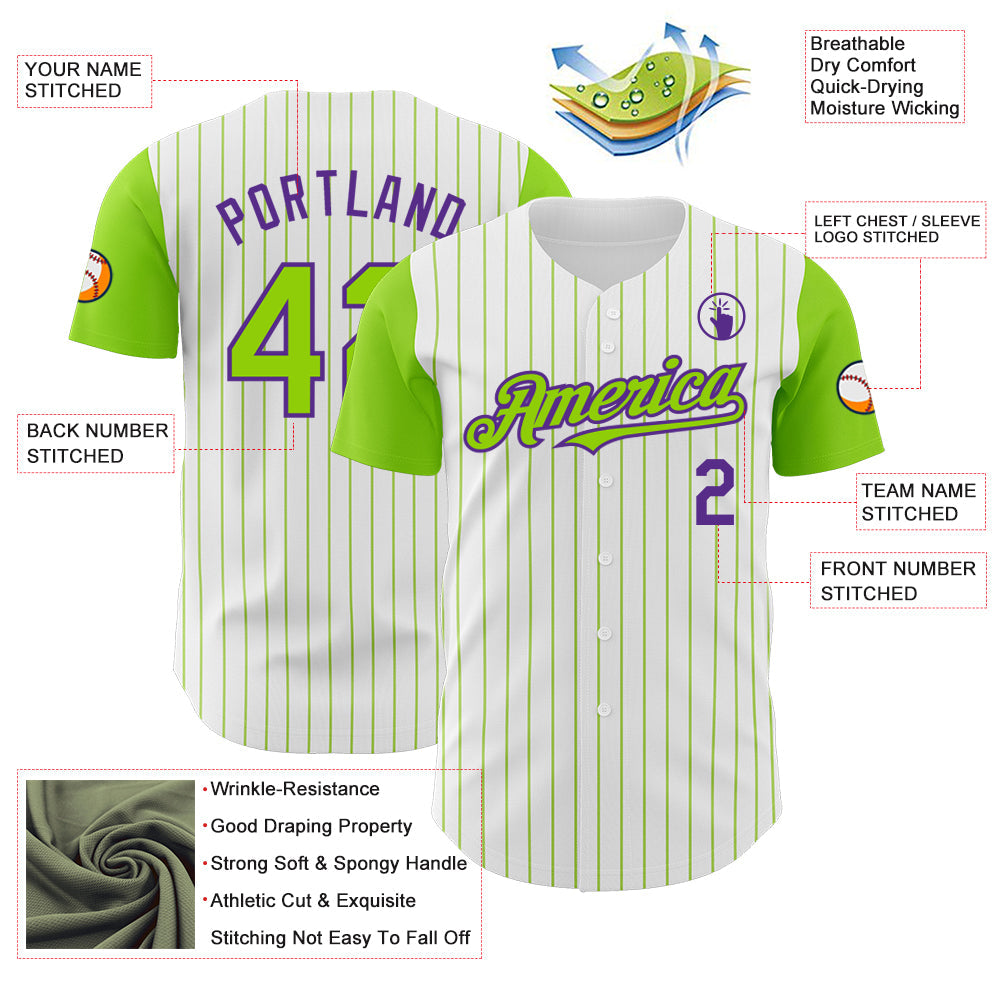 Custom White Neon Green Pinstripe Purple Authentic Two Tone Baseball Jersey