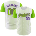 Custom White Neon Green Pinstripe Purple Authentic Two Tone Baseball Jersey