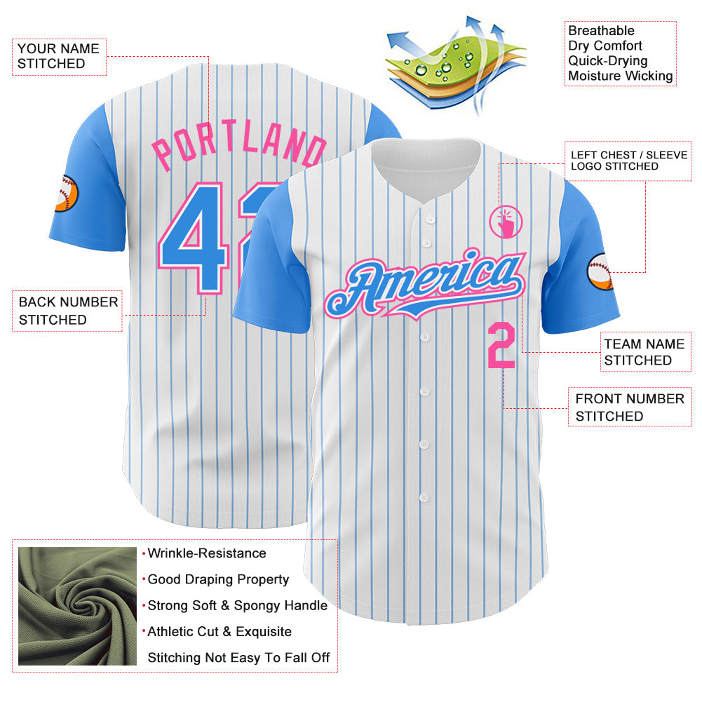 Custom White Electric Blue Pinstripe Pink Authentic Two Tone Baseball Jersey