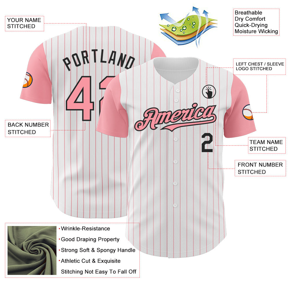 Custom White Medium Pink Pinstripe Black Authentic Two Tone Baseball Jersey