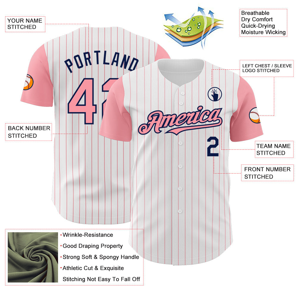 Custom White Medium Pink Pinstripe Navy Authentic Two Tone Baseball Jersey