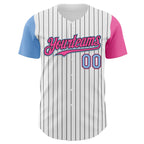 Custom White Black Pinstripe Light Blue-Pink Authentic Two Tone Baseball Jersey