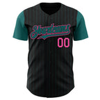Custom Black Teal Pinstripe Pink Authentic Two Tone Baseball Jersey