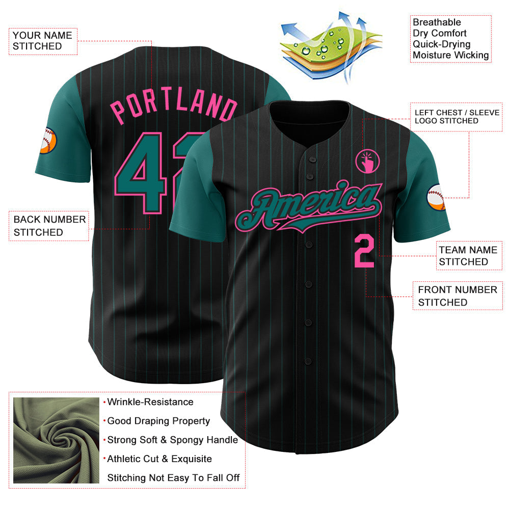 Custom Black Teal Pinstripe Pink Authentic Two Tone Baseball Jersey