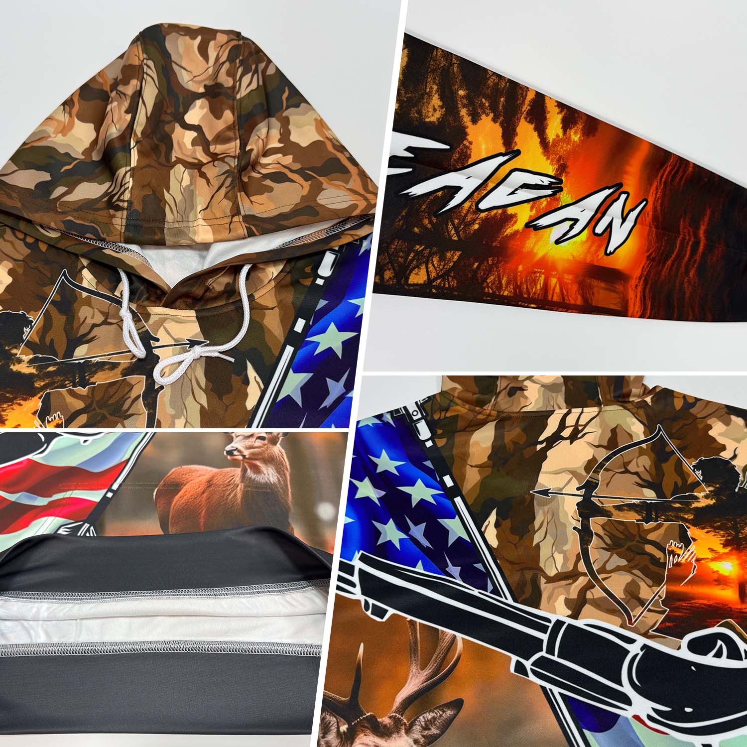 Custom Camo White-Black 3D American Flag And Hunting Tools Deer Hunting Sports Pullover Sweatshirt Hoodie