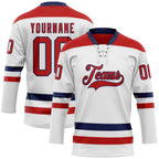 Custom White Red-Navy Hockey Lace Neck Jersey