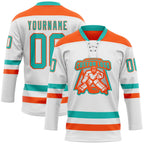 Custom White Aqua-Orange Hockey Lace Neck Jersey
