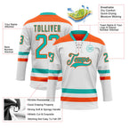 Custom White Aqua-Orange Hockey Lace Neck Jersey